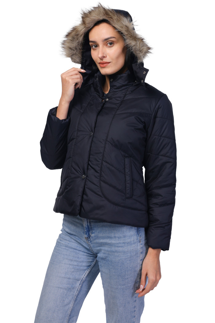 Women Quilted Jacket In Polyester Fabric With Removable Hood - Carbon Blue